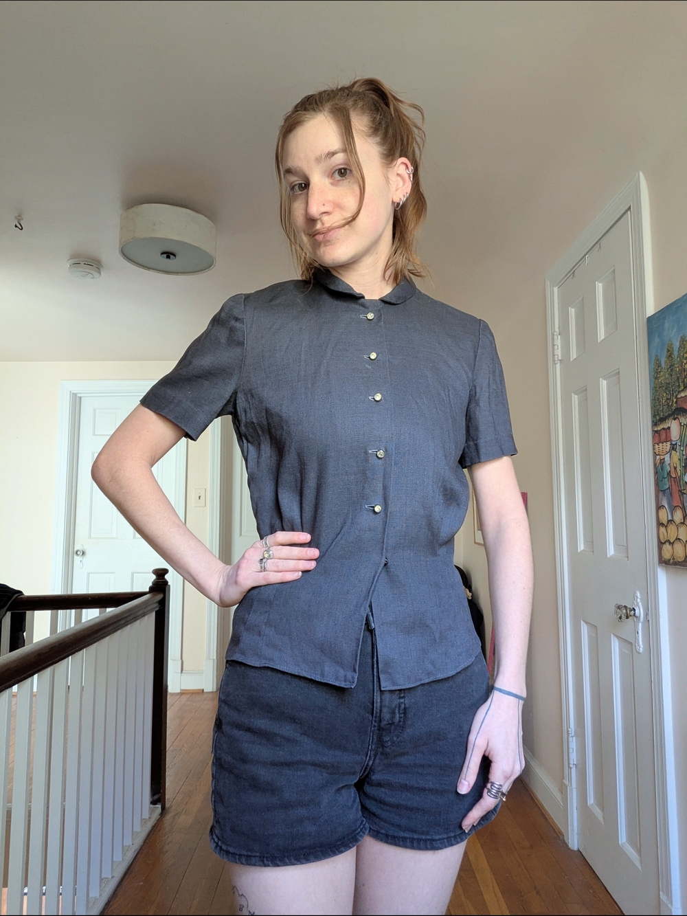 1950s Dark Grey Linen Blouse With Rhinestone Buttons